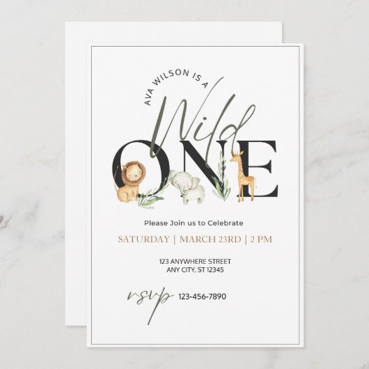 Wild ein Wasserfarbtier zum ersten Geburtstag Einladung (Vorne/Hinten)