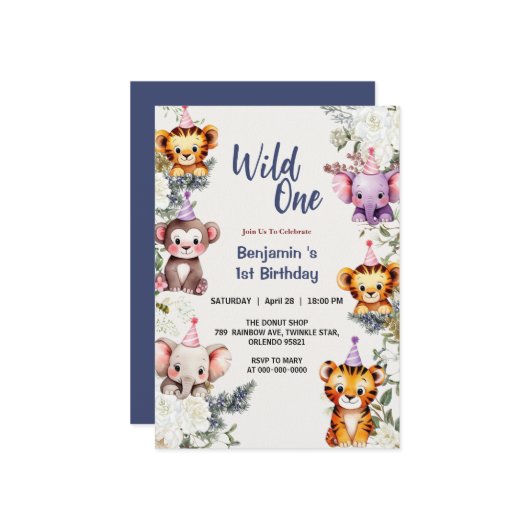 Wild eine Niedliche Blume Tierkind 1. Geburtstag Einladung (Vorderseite/Rückseite Beispiel)