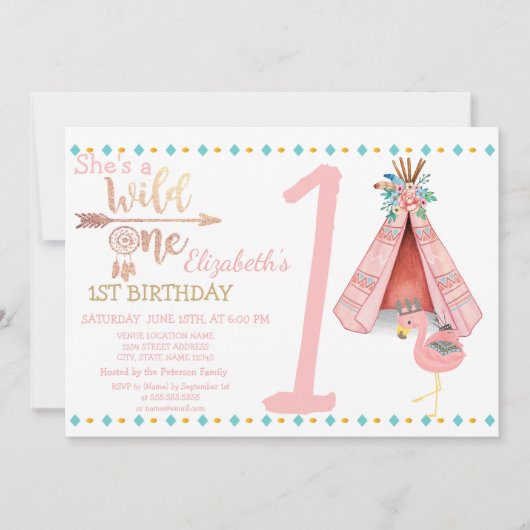 Wild eins, Pfeile, Flamingo Boho Birthday Einladun Einladung (Vorderseite)