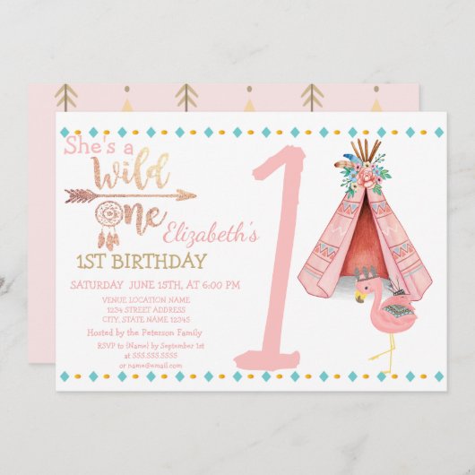 Wild eins, Pfeile, Flamingo Boho Birthday Einladun Einladung (Vorne/Hinten)