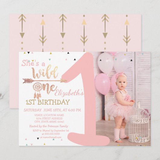 Wild eins, Pfeile, Träume fangen Ihr Foto Geburtst Einladung (Vorne/Hinten)