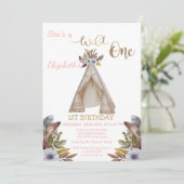 Wild eins, Pfeile, Zelt, Blume erster Geburtstag Einladung (Stehend Vorderseite)