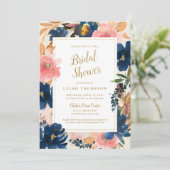 Wild Elegance | Navy Blush & Gold Brautparty Einladung (Stehend Vorderseite)
