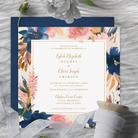 Wild Elegance | Navy Blush & Gold Square Wedding I Einladung