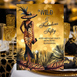 Wild Fabulous Fünfzig Geburtstag Tiger Frau Gold Einladung