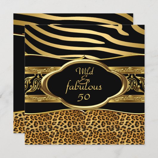 Wild Fabulous Zebra Leopard Black Gold Geburtstag  Einladung (Vorne/Hinten)