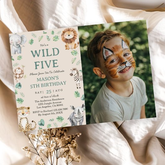 Wild Five Jungle Safari Animals Birthday Photo Einladung