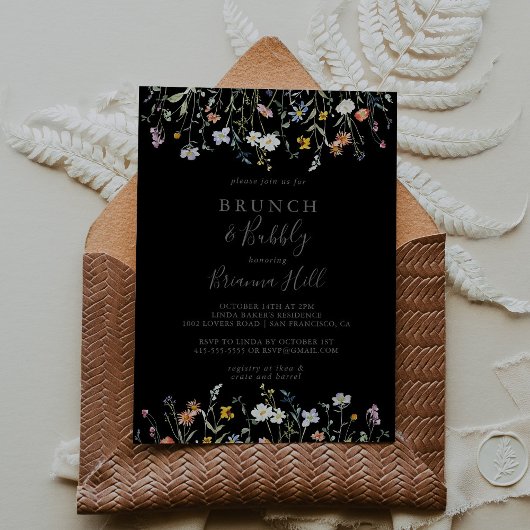 Wild floral Black Brunch Bubbly Brautparty Einladung
