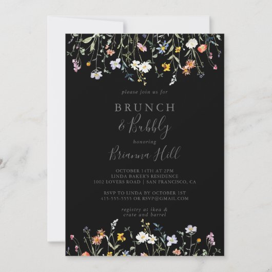 Wild floral Black Brunch Bubbly Brautparty Einladung (Vorderseite)