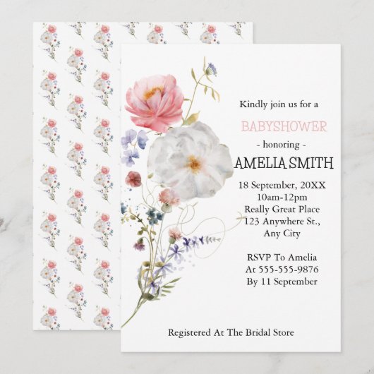 Wild Floral Bouquet Babydusche Einladung (Vorne/Hinten)