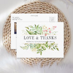 Wild floral Green Foliage Wedding Foto Vielen Dank Postkarte<br><div class="desc">Eine elegante Hochzeit Dankeschön Postcard mit wildem grünem,  naturbelassenem Blattwerk in Aquarell mit rosa Blume. Es ist ideal für Frühjahrshochzeiten,  Hochzeiten im Sommer,  Hochzeiten am Strand und ähnliche Veranstaltungen. Für eine erweiterte Anpassung dieses Designs,  klicken Sie bitte auf den Button "Anpassen" oben! Matching-Elemente sind ebenfalls verfügbar.</div>