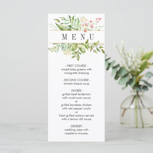 Wild florale Green Foliage Wedding Menu Menükarte (Stehend Vorderseite)