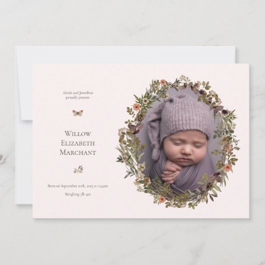 Wild Flower Frame New Baby Birth Announcement Ankündigung (Vorderseite)