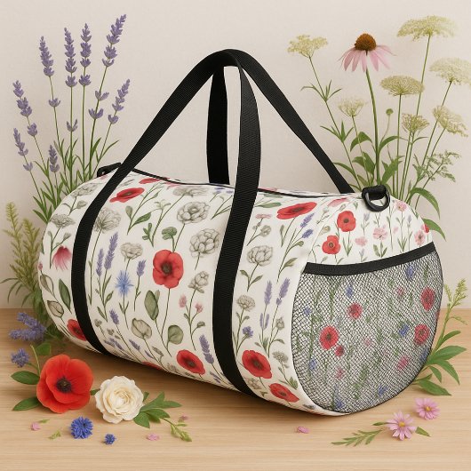 Wild Flowers Illustration Pattern – Hand-Drawn  Duffle Bag