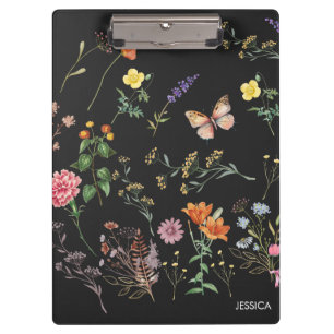 Wild Flowers Pressed Floral Schwarzes Namens-Clipb Klemmbrett