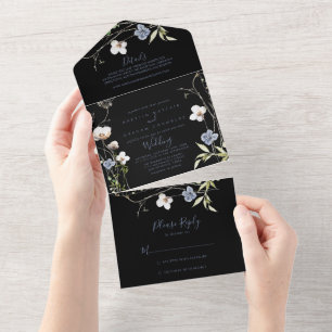 Wild Forest Floral Black Wedding All In One Einladung