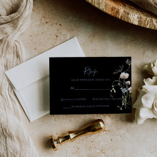Wild Forest Floral Black Wedding RSVP Karte