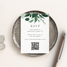 Wild Forest Green Botanical QR Code Wedding RSVP Begleitkarte