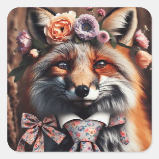 Wild fox wearing a tie cute quadratischer aufkleber