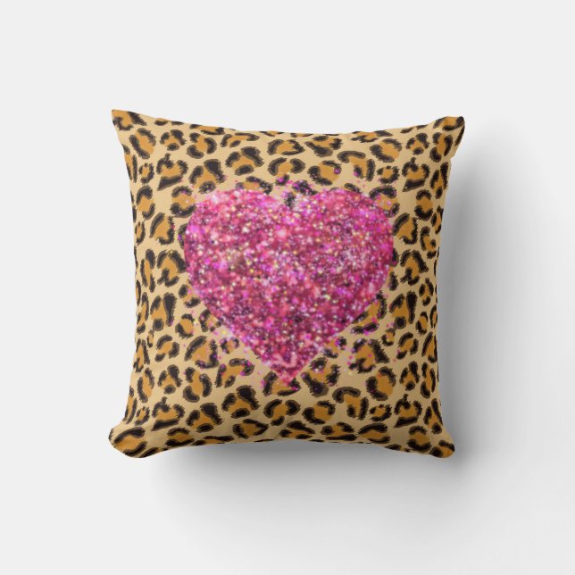 Wild funkelnde rosa Herzen und Leopard-Druck Kissen (Vorderseite)
