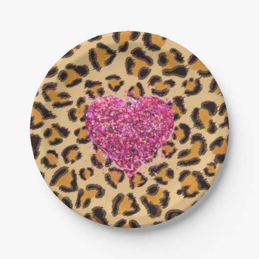 Wild funkelnde rosa Herzen und Leopard-Druck Pappteller (Vorderseite)