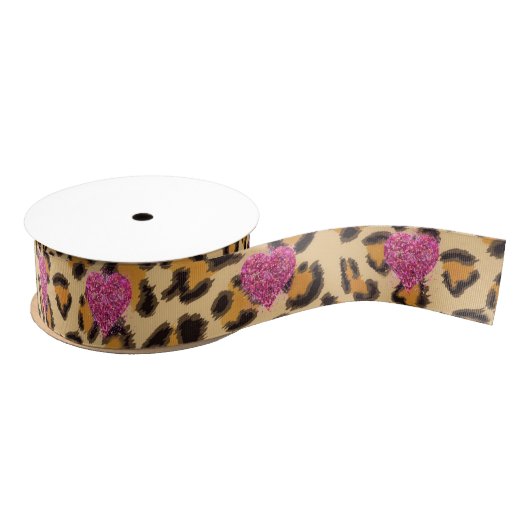 Wild funkelnde rosa Herzen und Leopard-Druck Ripsband (Spule)