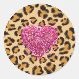 Wild funkelnde rosa Herzen und Leopard-Druck Runder Aufkleber