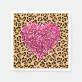 Wild funkelnde rosa Herzen und Leopard-Druck Serviette