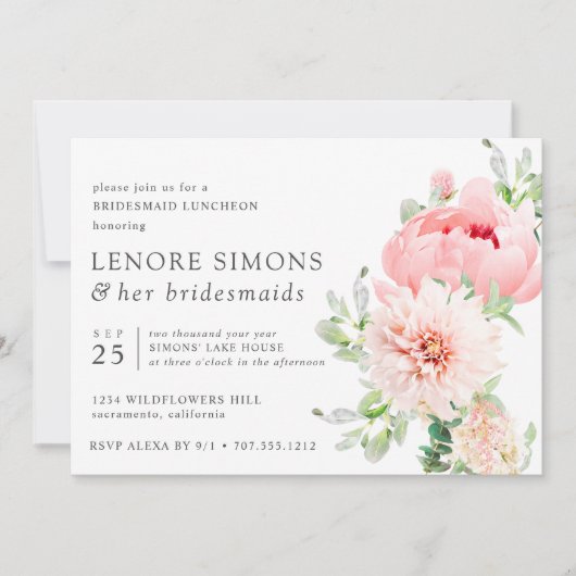 Wild Garden Chic Floral Dahlia Bridesmaid Luncheon Einladung (Vorderseite)