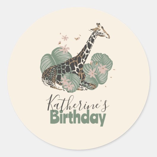 Wild Giraffe Jungle Botanical Animal Birthday  Runder Aufkleber (Vorderseite)