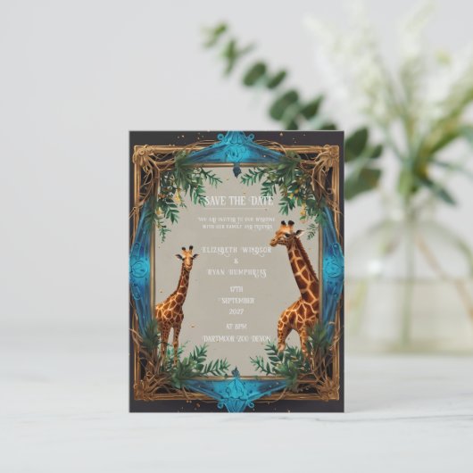 Wild Giraffe Wedding Einladung Postkarte (Stehend Vorderseite)