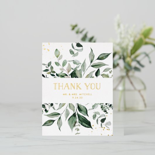 Wild Greenery | White and Gold Vielen Dank Folie Einladungspostkarte (Stehend vorne)