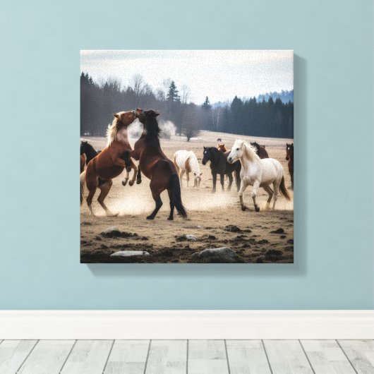 Wild Herd in Motion – Playful Horses in Meadow Leinwanddruck (Insitu (Holzboden))