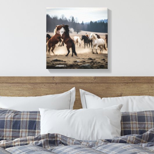 Wild Herd in Motion – Playful Horses in Meadow Leinwanddruck (Insitu (Schlafzimmer))