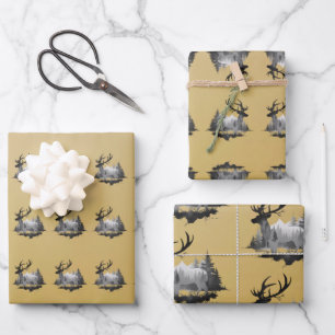 Wild Hirsche, stehend in Waldgoldunterlage Geschenkpapier Set