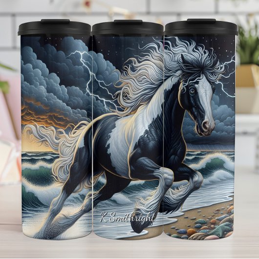 Wild Horse Galloping Stormy Beach Thermosbecher