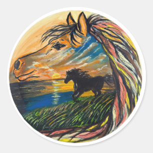 Wild Horse Sunset Kunst - Handgefertigte Kunstwerk Runder Aufkleber