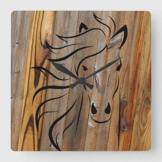 Wild Horse Wood Plank Quadratische Wanduhr (Vorderseite)