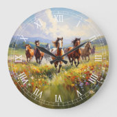 Wild Horses Running in a Wildflower Meadow Große Wanduhr (Vorderseite)
