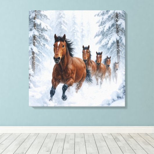 Wild Horses Running Through a Snowy Forest Leinwanddruck (Insitu (Holzboden))