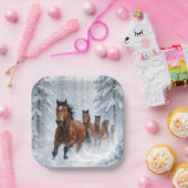 Wild Horses Running Through a Snowy Forest Pappteller (Party)