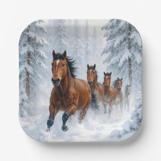 Wild Horses Running Through a Snowy Forest Pappteller (Vorderseite)