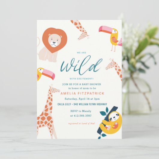 Wild Jungle Animal Baby Dusche | weiß Einladung (Stehend Vorderseite)