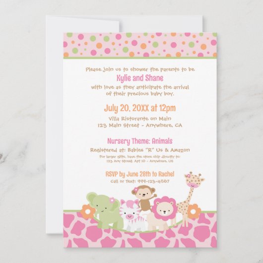 Wild Jungle Animals Baby Girl Shower Invitation Einladung (Vorderseite)