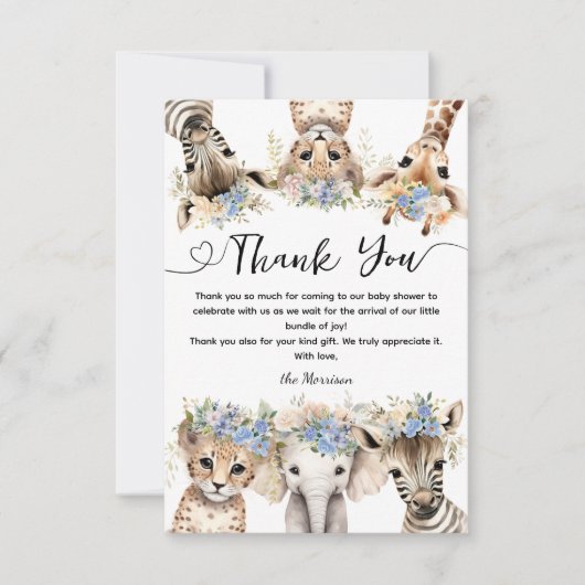 Wild Jungle Animals Safari Baby Shower Boy Dankeskarte (Vorderseite)