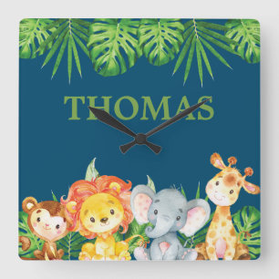 Wild Jungle Animals Safari Junge Kinder Kinderzimm Quadratische Wanduhr