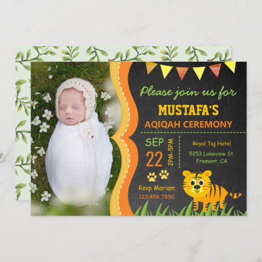 Wild Jungle Safari Baby Tiger Aqiqah Foto Einladung (Vorne/Hinten)