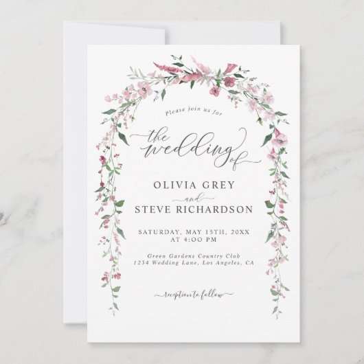 Wild Meadow Dusty Pink Floral Arch Foto Hochzeit Einladung (Vorderseite)