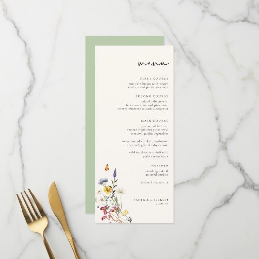 Wild Meadow Floral Wedding Menükarte (Vorderseite/Rückseite Beispiel)
