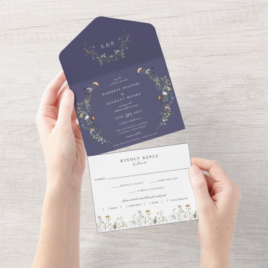 Wild Meadow Floral Wedding Navy Blue All In One Einladung (Abreißen)